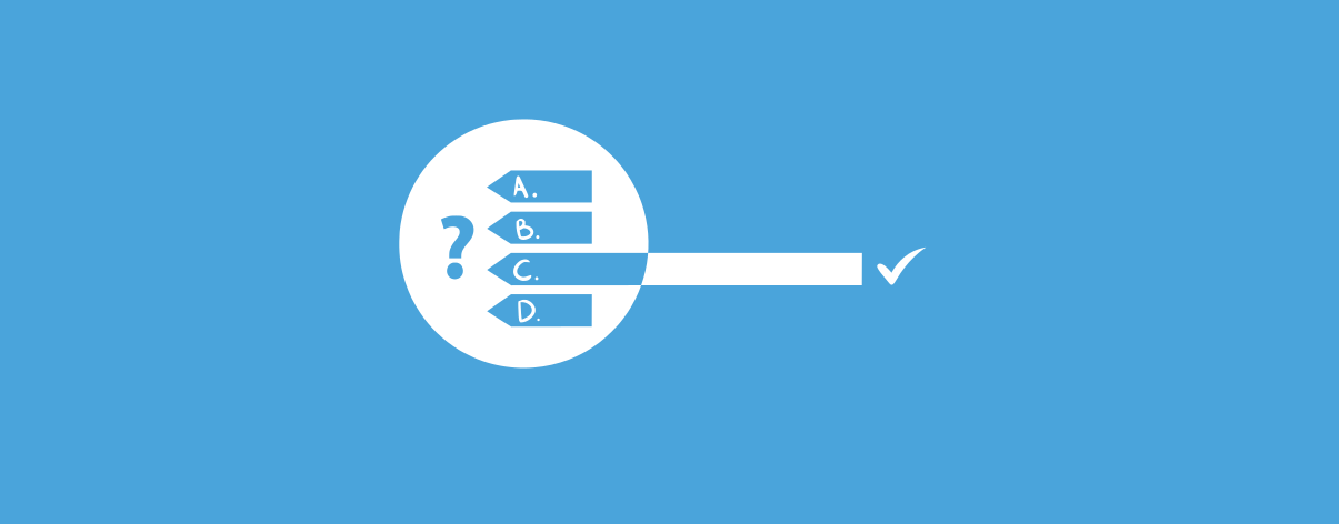 bannière bleu avec un QCM représenté par plusieurs options et l'option c est la plus longue, et est aussi la bonne réponse