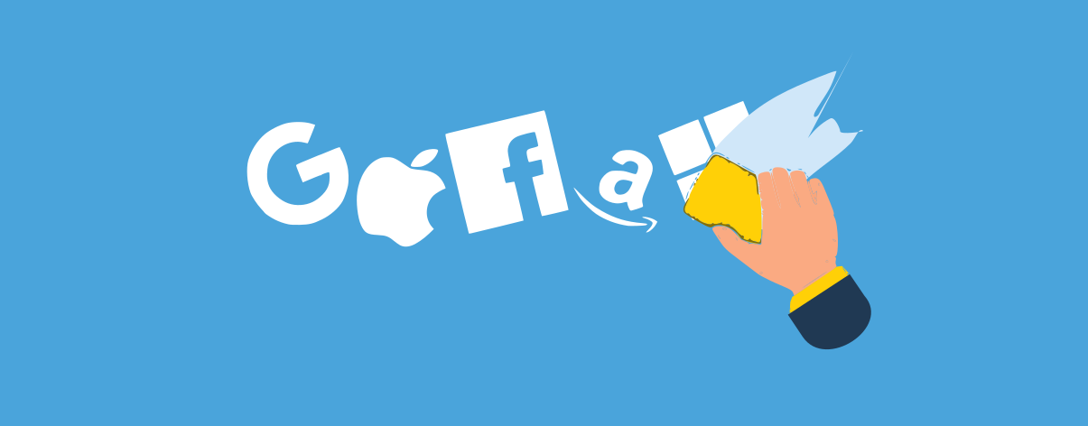 Bannière bleue avec les logos des gafam et une main qui cherche à les effacer